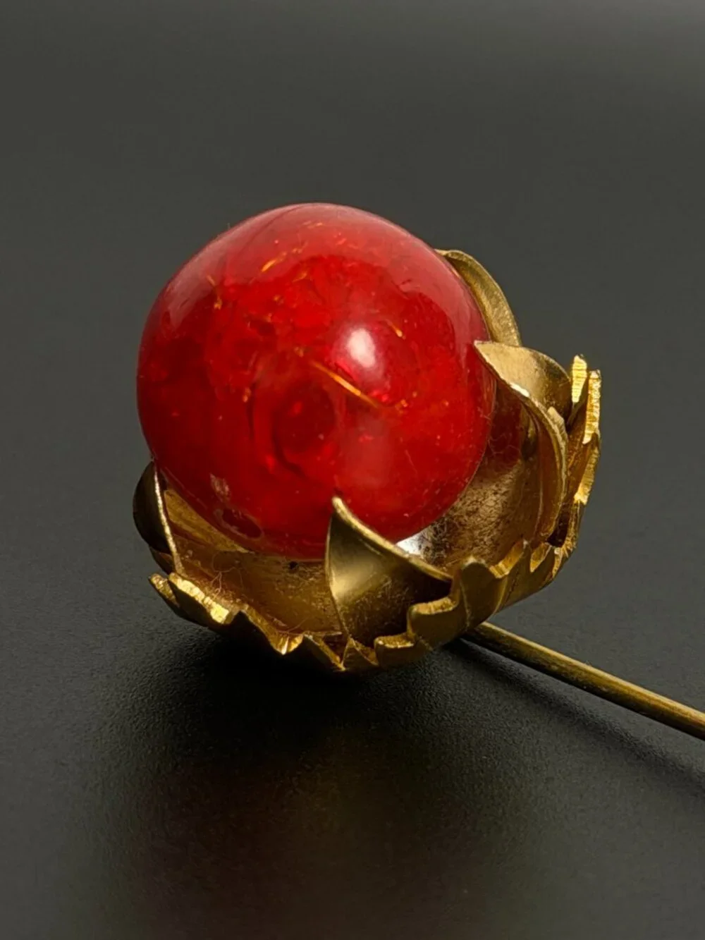 Vintage Red Crackle Glass Hat Pin Gold Tone Flower Stick Pin Victorian Revival